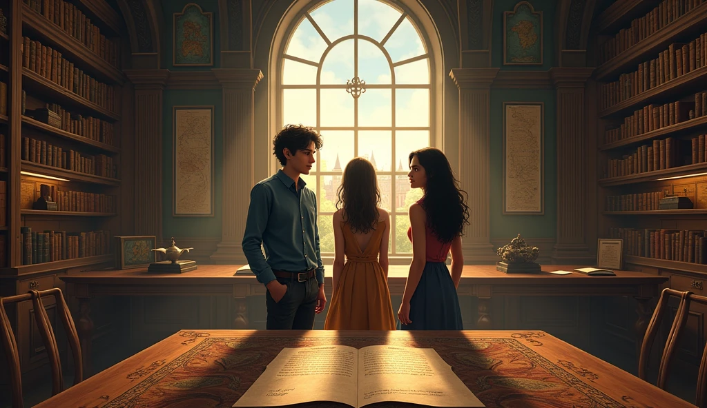  "The room is a grand, dimly lit space filled with shelves lined with aged, leather-bound books, scrolls, and historical documents carefully preserved in glass cases. The walls are adorned with ancient maps and faded paintings of scholars and explorers, adding to the sense of history and importance. A large, intricately carved wooden table stands in the center of the room, covered with old parchments, books, and a single, weathered letter. The letter, written in elegant script, lies open on the table, revealing that the entire mystery the group had been solving was a carefully crafted test of their intellect and teamwork, set by a long-forgotten society of scholars.

A large, arched window dominates one side of the room, allowing soft daylight to pour in, casting a warm glow over the scene. The window offers a stunning view of the university campus below, with its sprawling lawns and historic buildings, symbolizing both the end of their journey and the knowledge they’ve gained.

In the background, Alex, Jamie, and Priya stand together, their expressions a mix of relief and exhilaration. Alex, with his rugged features and determined eyes, leans slightly against the table, a satisfied smile playing on his lips. Jamie, calm and composed, stands tall with his arms crossed, his sharp gaze softened by a rare, proud smile. Priya, her long dark hair cascading over her shoulders, has a thoughtful look on her face, her eyes reflecting both the excitement of their accomplishment and the depth of the experience. Together, they take a moment to reflect on their successful adventure, knowing that their bond as a team has been strengthened through the challenges they’ve overcome."