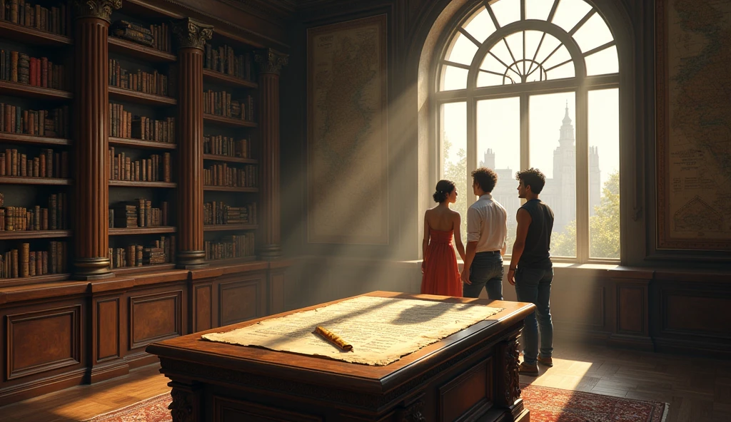 "The room is a grand, dimly lit space filled with shelves lined with aged, leather-bound books, scrolls, and historical documents carefully preserved in glass cases. The walls are adorned with ancient maps and faded paintings of scholars and explorers, adding to the sense of history and importance. A large, intricately carved wooden table stands in the center of the room, covered with old parchments, books, and a single, weathered letter. The letter, written in elegant script, lies open on the table, revealing that the entire mystery the group had been solving was a carefully crafted test of their intellect and teamwork, set by a long-forgotten society of scholars.
A large, arched window dominates one side of the room, allowing soft daylight to pour in, casting a warm glow over the scene. The window offers a stunning view of the university campus below, with its sprawling lawns and historic buildings, symbolizing both the end of their journey and the knowledge they’ve gained.
In the background, Alex, Jamie, and Priya stand together, their expressions a mix of relief and exhilaration. Alex, with his rugged features and determined eyes, leans slightly against the table, a satisfied smile playing on his lips. Jamie, calm and composed, stands tall with his arms crossed, his sharp gaze softened by a rare, proud smile. Priya, her long dark hair cascading over her shoulders, has a thoughtful look on her face, her eyes reflecting both the excitement of their accomplishment and the depth of the experience. Together, they take a moment to reflect on their successful adventure, knowing that their bond as a team has been strengthened through the challenges they’ve overcome."