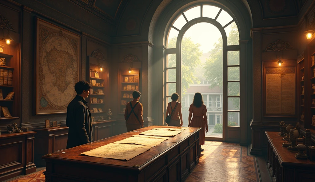 "The room is a grand, dimly lit space filled with shelves lined with aged, leather-bound books, scrolls, and historical documents carefully preserved in glass cases. The walls are adorned with ancient maps and faded paintings of scholars and explorers, adding to the sense of history and importance. A large, intricately carved wooden table stands in the center of the room, covered with old parchments, books, and a single, weathered letter. The letter, written in elegant script, lies open on the table, revealing that the entire mystery the group had been solving was a carefully crafted test of their intellect and teamwork, set by a long-forgotten society of scholars.
A large, arched window dominates one side of the room, allowing soft daylight to pour in, casting a warm glow over the scene. The window offers a stunning view of the university campus below, with its sprawling lawns and historic buildings, symbolizing both the end of their journey and the knowledge they’ve gained.
In the background, Alex, Jamie, and Priya stand together, their expressions a mix of relief and exhilaration. Alex, with his rugged features and determined eyes, leans slightly against the table, a satisfied smile playing on his lips. Jamie, calm and composed, stands tall with his arms crossed, his sharp gaze softened by a rare, proud smile. Priya, her long dark hair cascading over her shoulders, has a thoughtful look on her face, her eyes reflecting both the excitement of their accomplishment and the depth of the experience. Together, they take a moment to reflect on their successful adventure, knowing that their bond as a team has been strengthened through the challenges they’ve overcome."