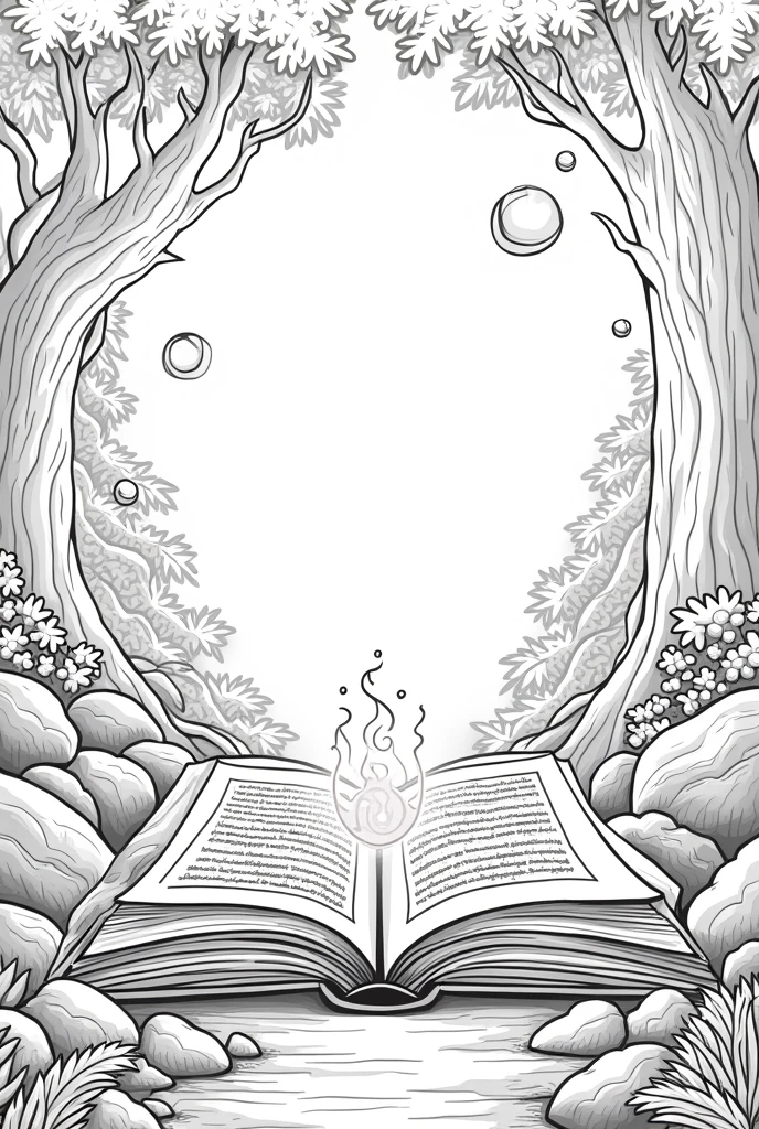 Create me a coloring picture of a forest with a book in the middle opened full of magic, for coloring with large white areas and strong black lines