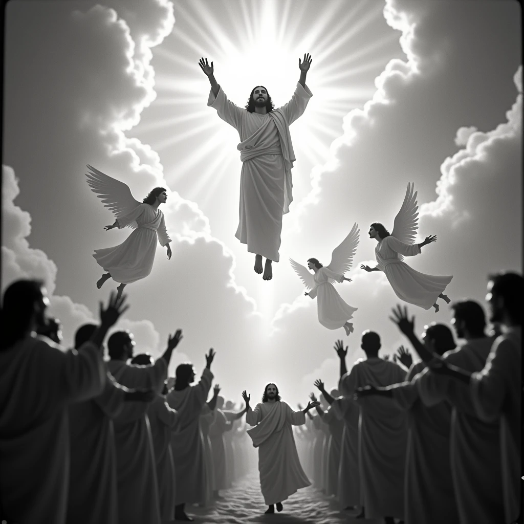 A vintage monochrome black and white blurry film photo of Jesus ascending into clouds in a glorious light. Beautiful angels are surrounding and praising Him. The joyful apostles are below, waving goodbye. The view is from below at an angle.