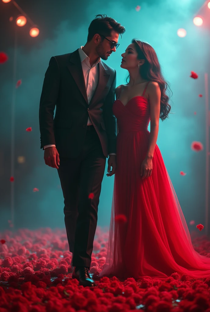 produces 4K ultra HD realistic photos
You can see a handsome man wearing dark glasses, neatly elegant clothes walking, distorted by flashes of colorful light from behind and a beautiful woman strewn with red roses, the impressive combination of digital light creates a sophisticated and charming work. complexity of detail. high quality photography