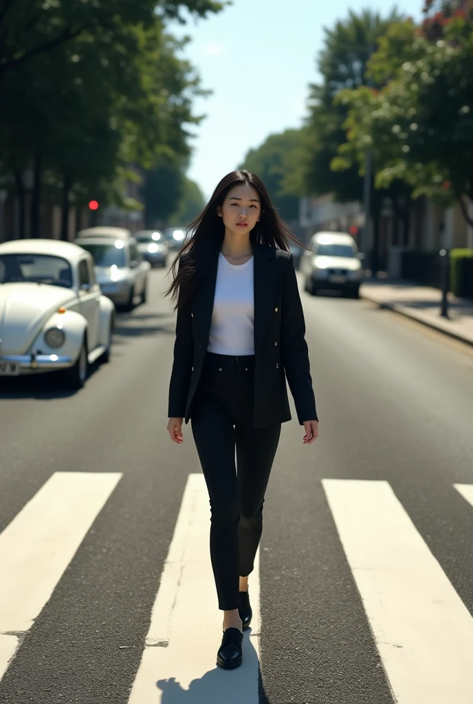 (photorealism:1.2), an image that resembles the iconic album cover of the beatles "abbey road", an asian woman with long black hair, wearing a black jacket, white shirt, black pants, black shoes, is walking across the zebra crossing in abbey from left to right, there is a white classic Volkswagen Beetle parked on the road on the left and further down the road on the right side there are more cars and trees lining the road.

This image is very famous and often imitated in popular culture,