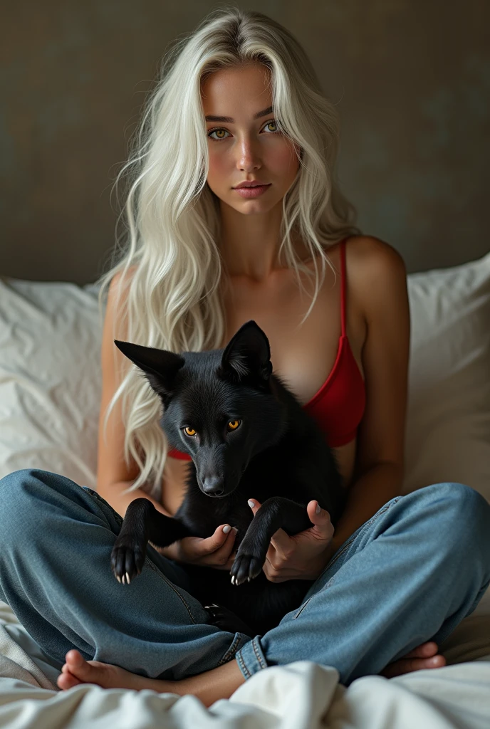 Woman with long loose wavy seni white hair and golden eyes sitting on a bed with her legs crossed, dressed in a red bra and loose jeans, holding a black jackal in his arms lying on his back with his paws up in digital art