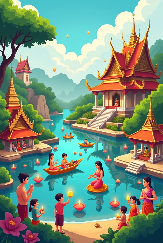 Draw cartoons about Thai culture, such as paying respect, Loi Krathong, Songkran, releasing floating lanterns, Buddha images, Thai temples, Thai food, Thai boxing, and Thai games. Combine them into one picture.