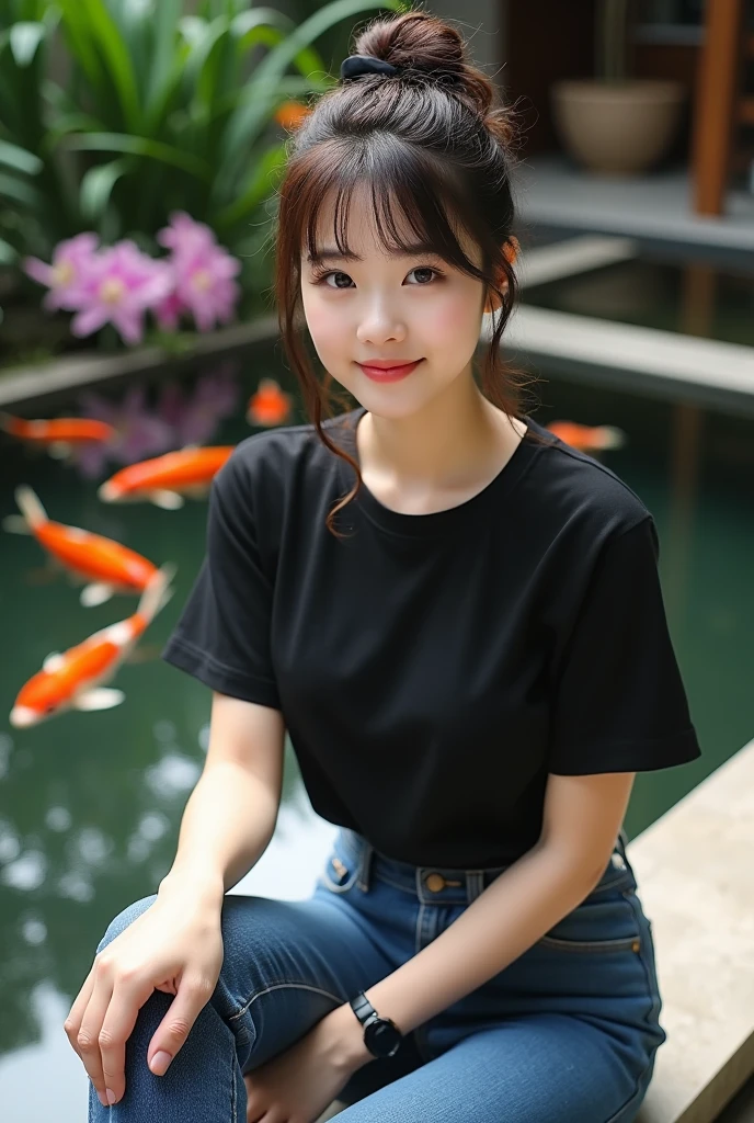 Beautiful Korean Women , smooth white skin, well-groomed face,hair up,bangs, ala korea,black t-shirt, brand name (feel) ,celana jumpsuit jeans,black watch, sitting posing with a slight smile, near the koi pond,in the pond there are many koi fish ,(memeluk kucing anggora berukuran besar,) left-right pool, there are colorful orchid flowers,background shows the kitchen of a luxury home, Realistic original photo, 