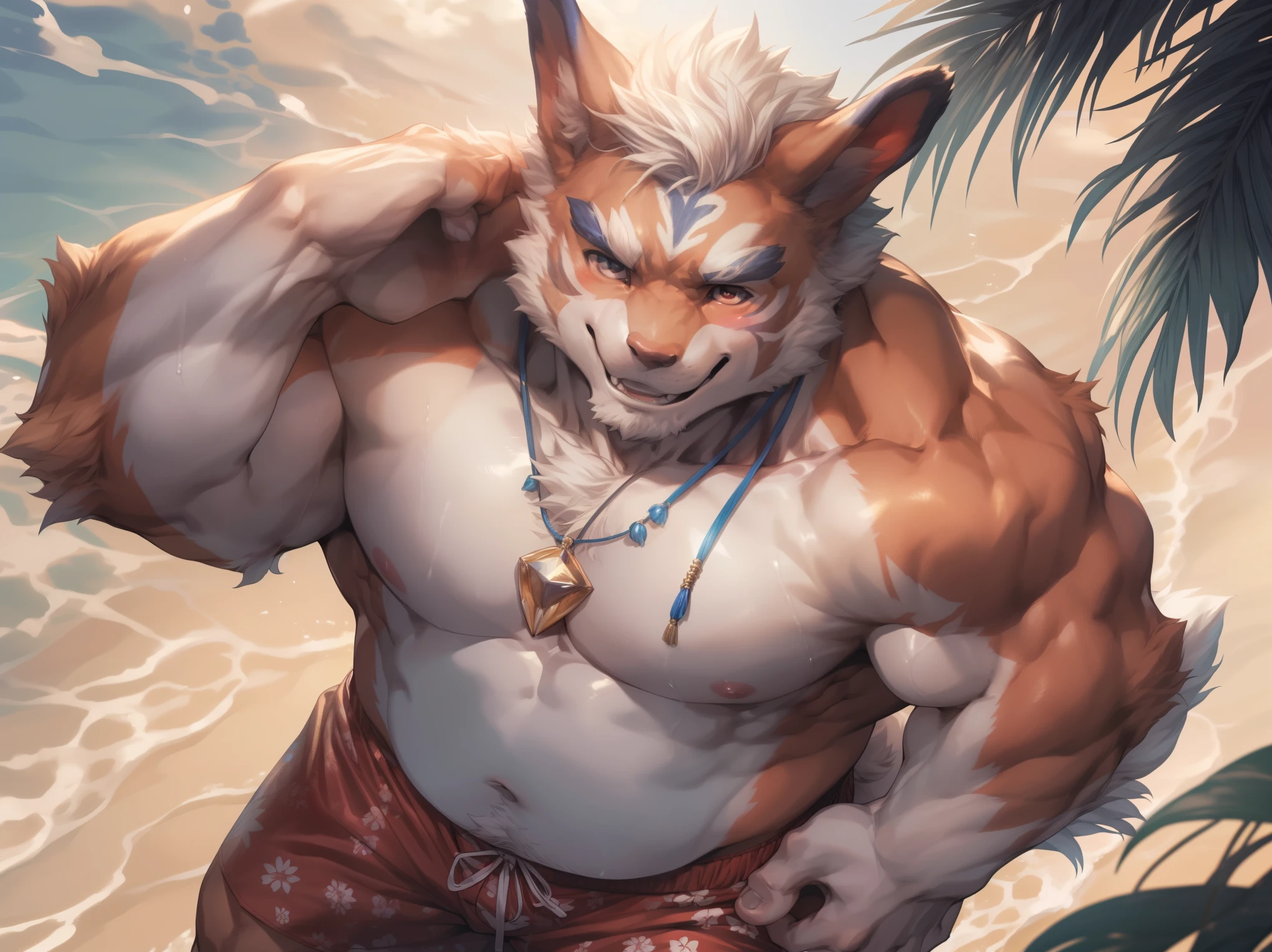 (By Empty Ghost, From thebigslick, By Dark Gem, Will chase), Keyuan Building (Onmyoji Daisenji Temple), High quality photos, Perfect anatomical structure, anthropomorphic rabbit, male, 30 years old, (bunny print), Thick eyebrows, short hair, White Teeth, Strong body, White pectoralis major, ,Chubby figure, White swimming trunks, Small bump, Pink milk clusters, Standing on the beach, Looking up, Relax with your hands behind your head, Charming smile, blush, Red pupil, Look up at the sky, Clear facial features, (Dynamic poses:1.5), Strong, solitary, (Top view:1.5), noon, sunny, Coconut Tree, Water waves, (By Empty Ghost, From bunny30, masterpiece, high quality, high resolution, 8k)