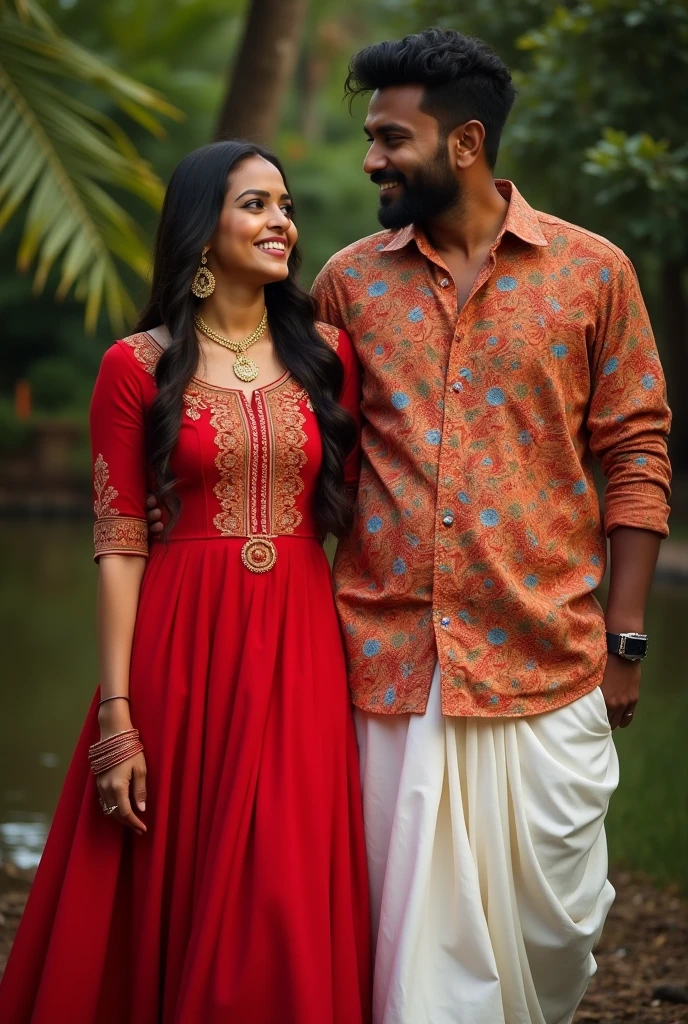 Anupama parameswaran in red dress with a man in traditional kerala oitfit