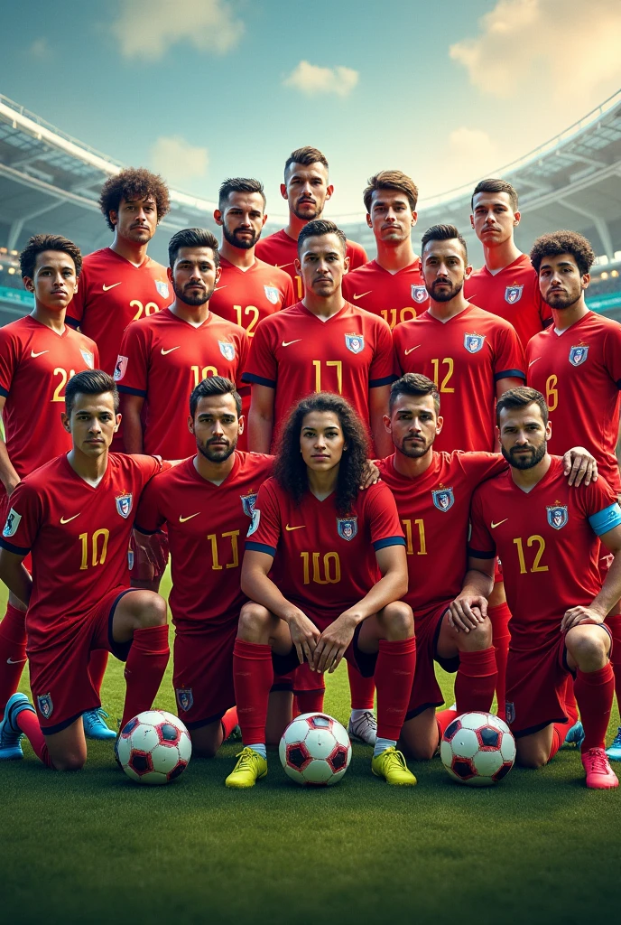 Create a photo of a soccer team with 16 players on it from shirt number 1-16 with names Amish Aayush boom Jiban Dipak dipesh Jyoti abishek Nikesh Prashant Prabhu sashanka keshab matrika Milan suyog
