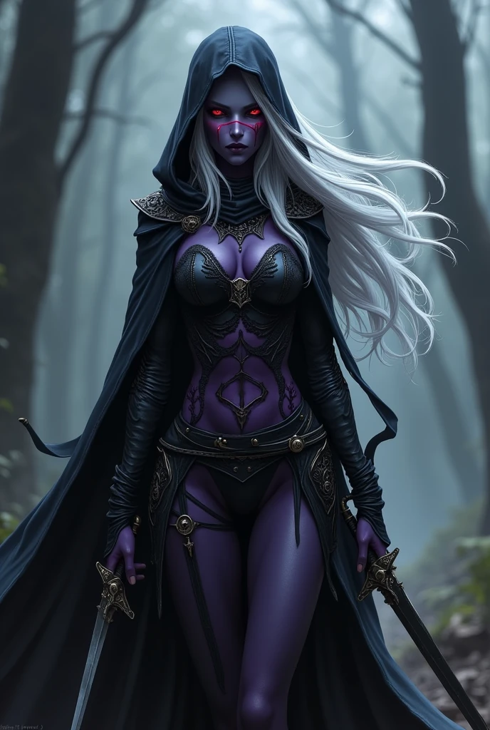 elfa drow, purple skin, Eyes red, white hair, assassin outfit with two daggers, scar on eye, hood on the head and mask on the face
