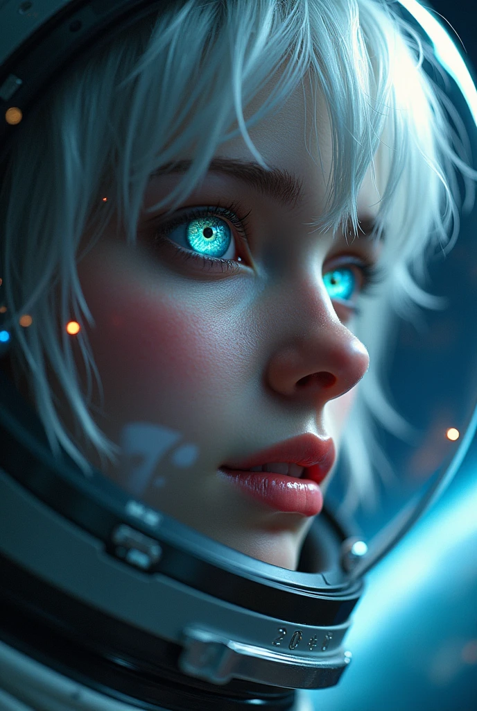 (Close-up of a better masterpiece:1.5)0.9], (Space and astronauts:1.2) (Messy silver hair:1.1) (Heterochromia xanthochromia and blue eyes:1.2) (Space Helmet:1.0) (Colored stars in the eyes:1.0) (A radiant glow:1.1) (thick lips:0.9)