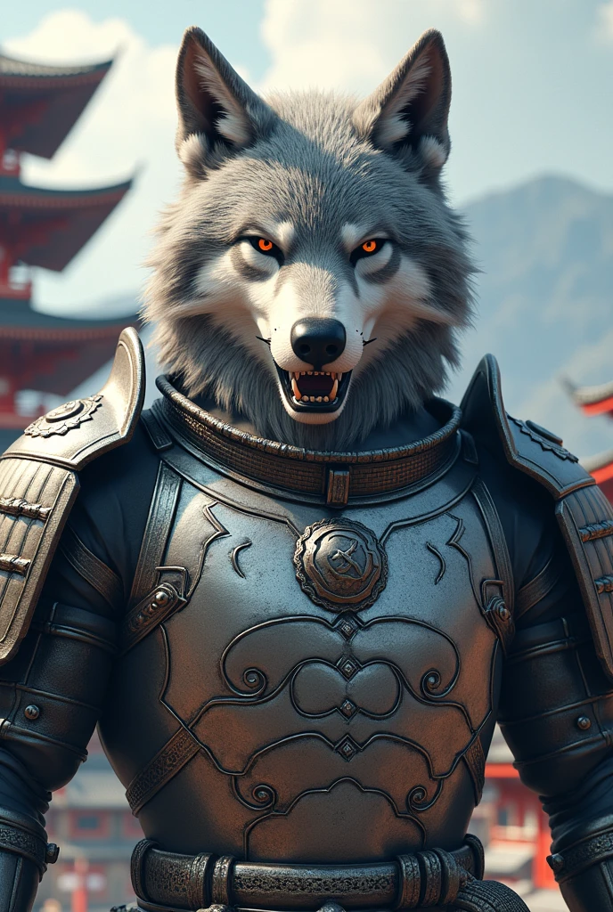 A muscular anthropomorphic wolf wearing silver samurai armor、The whole body is shown、Standing facing forward、The five-story pagoda in the background