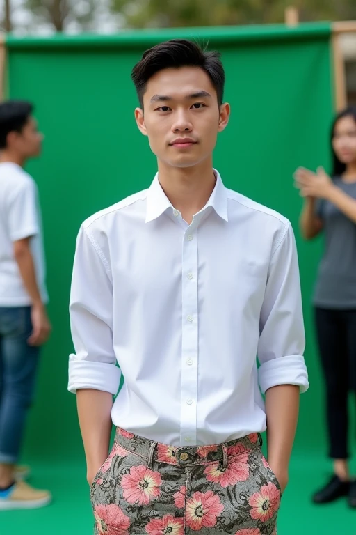 Ảnh hồ sơ của nam sinh viên Việt Nam đang nhìn thẳng vào màn hình. Above is a neat white shirt, below is a sloppy floral shorts.. Behind him are two friends setting up a makeshift green backdrop to help him take pictures.