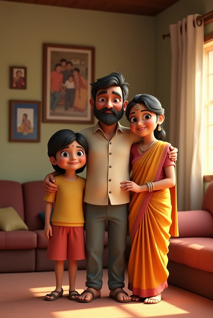 
	A 3D image of Rohit standing with his family in a warm, homely setting. Rohit is in the center, wearing a simple yet neat outfit. Surrounding him are his family members: his father, a middle-aged man with a kind but weathered face, dressed in traditional attire; his mother, a gentle woman with a caring expression, wearing a sari; and a younger sibling, perhaps a sister, dressed casually and smiling brightly. The background is a modest living room with simple furniture, a few family photos on the walls, and warm, natural lighting that adds to the cozy, familial atmosphere. The family is close-knit, smiling, and showing a deep bond of love and support.”