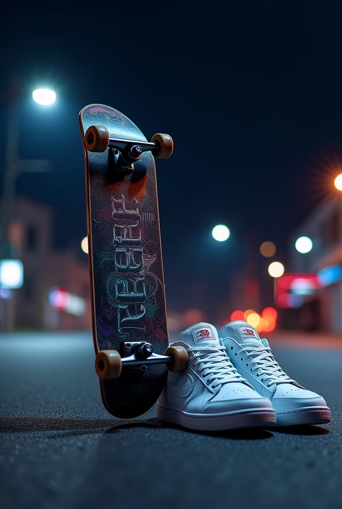 A photo of a skateboard with a night background with white sneakers