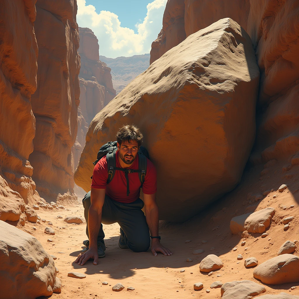 Aron Ralston with his arm trapped by a huge rock.
