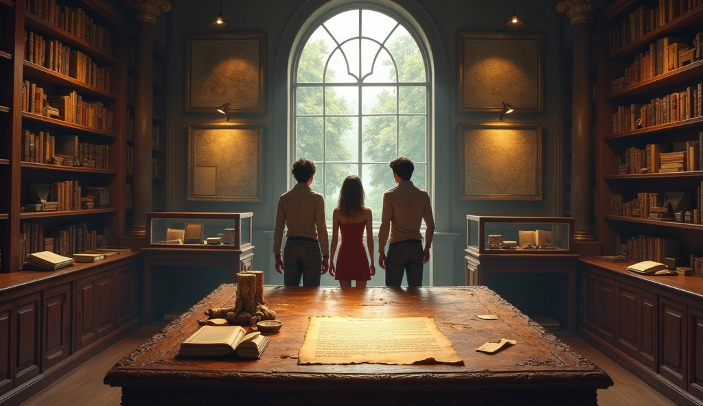 "The room is a grand, dimly lit space filled with shelves lined with aged, leather-bound books, scrolls, and historical documents carefully preserved in glass cases. The walls are adorned with ancient maps and faded paintings of scholars and explorers, adding to the sense of history and importance. A large, intricately carved wooden table stands in the center of the room, covered with old parchments, books, and a single, weathered letter. The letter, written in elegant script, lies open on the table, revealing that the entire mystery the group had been solving was a carefully crafted test of their intellect and teamwork, set by a long-forgotten society of scholars.
A large, arched window dominates one side of the room, allowing soft daylight to pour in, casting a warm glow over the scene. The window offers a stunning view of the university campus below, with its sprawling lawns and historic buildings, symbolizing both the end of their journey and the knowledge they’ve gained.
In the background, Alex, Jamie, and Priya stand together, their expressions a mix of relief and exhilaration. Alex, with his rugged features and determined eyes, leans slightly against the table, a satisfied smile playing on his lips. Jamie, calm and composed, stands tall with his arms crossed, his sharp gaze softened by a rare, proud smile. Priya, her long dark hair cascading over her shoulders, has a thoughtful look on her face, her eyes reflecting both the excitement of their accomplishment and the depth of the experience. Together, they take a moment to reflect on their successful adventure, knowing that their bond as a team has been strengthened through the challenges they’ve overcome."