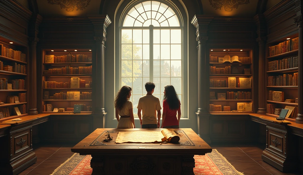 "The room is a grand, dimly lit space filled with shelves lined with aged, leather-bound books, scrolls, and historical documents carefully preserved in glass cases. The walls are adorned with ancient maps and faded paintings of scholars and explorers, adding to the sense of history and importance. A large, intricately carved wooden table stands in the center of the room, covered with old parchments, books, and a single, weathered letter. The letter, written in elegant script, lies open on the table, revealing that the entire mystery the group had been solving was a carefully crafted test of their intellect and teamwork, set by a long-forgotten society of scholars.
A large, arched window dominates one side of the room, allowing soft daylight to pour in, casting a warm glow over the scene. The window offers a stunning view of the university campus below, with its sprawling lawns and historic buildings, symbolizing both the end of their journey and the knowledge they’ve gained.
In the background, Alex, Jamie, and Priya stand together, their expressions a mix of relief and exhilaration. Alex, with his rugged features and determined eyes, leans slightly against the table, a satisfied smile playing on his lips. Jamie, calm and composed, stands tall with his arms crossed, his sharp gaze softened by a rare, proud smile. Priya, her long dark hair cascading over her shoulders, has a thoughtful look on her face, her eyes reflecting both the excitement of their accomplishment and the depth of the experience. Together, they take a moment to reflect on their successful adventure, knowing that their bond as a team has been strengthened through the challenges they’ve overcome."