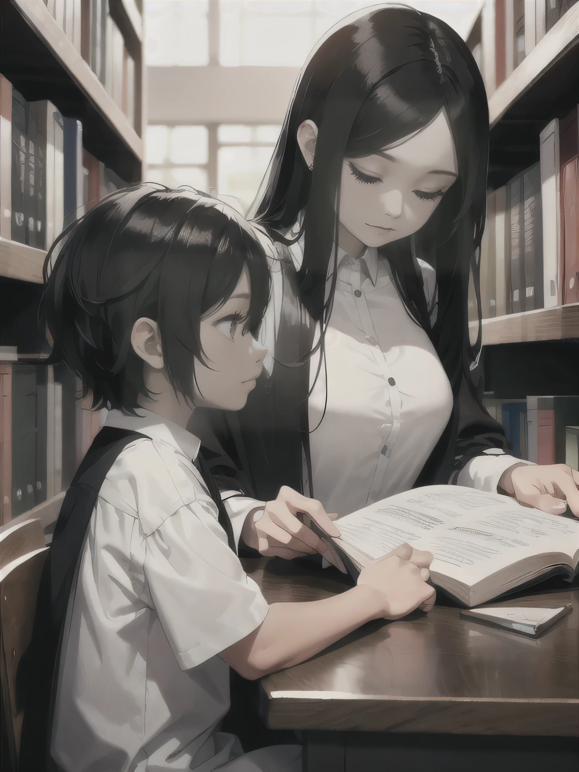 mom and son at the library studying. the mom has a long black hair wearing a white dress. the son has a short black hair wearing white medieval shirt