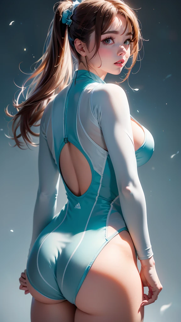 (Rear view),(Best quality:1.4), Body focus, artwork, Surrealism, (((Best quality))), ((pretty Finger)) Gorgeous character design, light perfect, Colorfully, Blazing_front_Face_light, ultra high resolution, high resolution, :1.2, Bokeh:1.2, lens flare, (Energetic_color:1.2), (pretty, Medium breasts:1.2), (thick-thighs:1.1), Animated female characters, Sideways to the back, Stick out your ass, top view, Pale skin, ((Wearing a tight grey lycra jumpsuit with Adidas stripes)), wrinkle, Red lips, medium hair, Shot from behind, (sexy pose :1.4), (Perfect anatomical structure :v2.1),( light :1.4), (Prison background iron groceries :1.4), (She has a beautiful ass :1.4),(Kas Hamada:1.4), (Kas Hamada:v2.1)