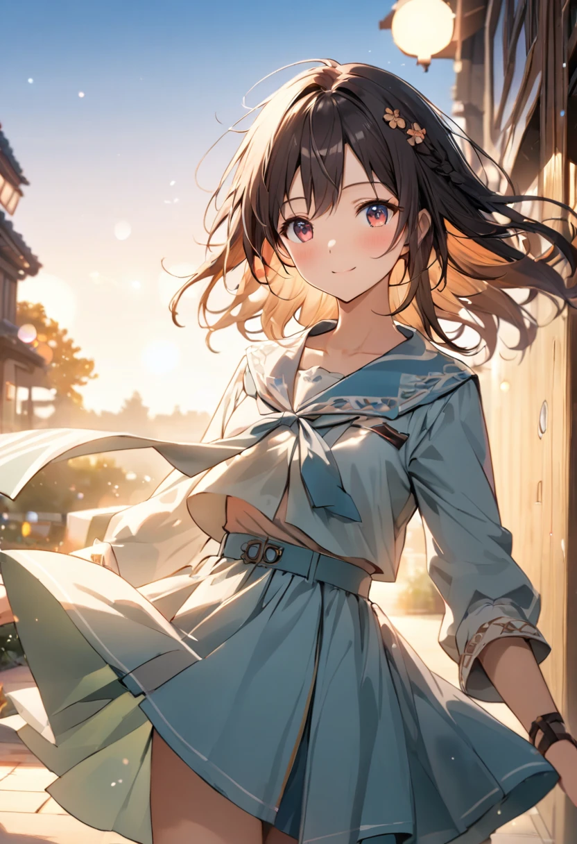 {{Highest quality}},Delicate illustration,Detailed depiction, masterpiece, Boho Eye Hinai Girl, Playful Themes, Two girls、女子High school student a+B（High school student a（Raw photo of a girl in uniform。Decorative details and symbols are often used。, Brown hair gently fluttering in the wind,Clear blue eyes、A gentle smile）、高校生B（Raw photo of a girl in uniform。Decorative details and symbols are often used。, Black hair gently fluttering in the wind,Clear red eyes、A gentle smile））、 Long-distance shots, High Key Light, Hard Shadows, Soft bokeh, Professional photography, A balanced deal, Balanced Exposure,