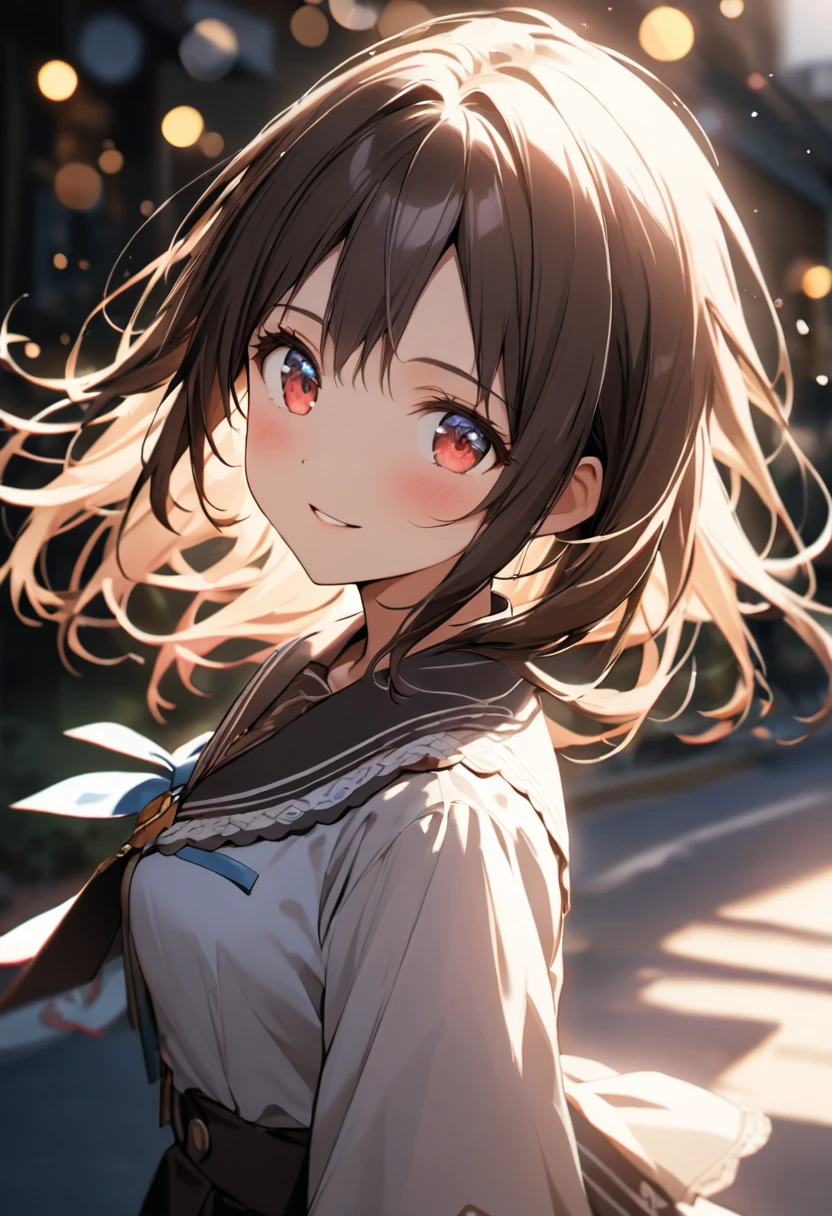 {{Highest quality}},Delicate illustration,Detailed depiction, masterpiece, Boho Eye Hinai Girl, Playful Themes, Two girls、女子High school student a+B(High school student a(Raw photo of a girl in uniform。Decorative details and symbols are often used。, Brown hair gently fluttering in the wind,Clear blue eyes、A gentle smile)、高校生B(Raw photo of a girl in uniform。Decorative details and symbols are often used。, Black hair gently fluttering in the wind,Clear red eyes、A gentle smile))、 Long-distance shots, High Key Light, Hard Shadows, Soft bokeh, Professional photography, A balanced deal, Balanced Exposure,