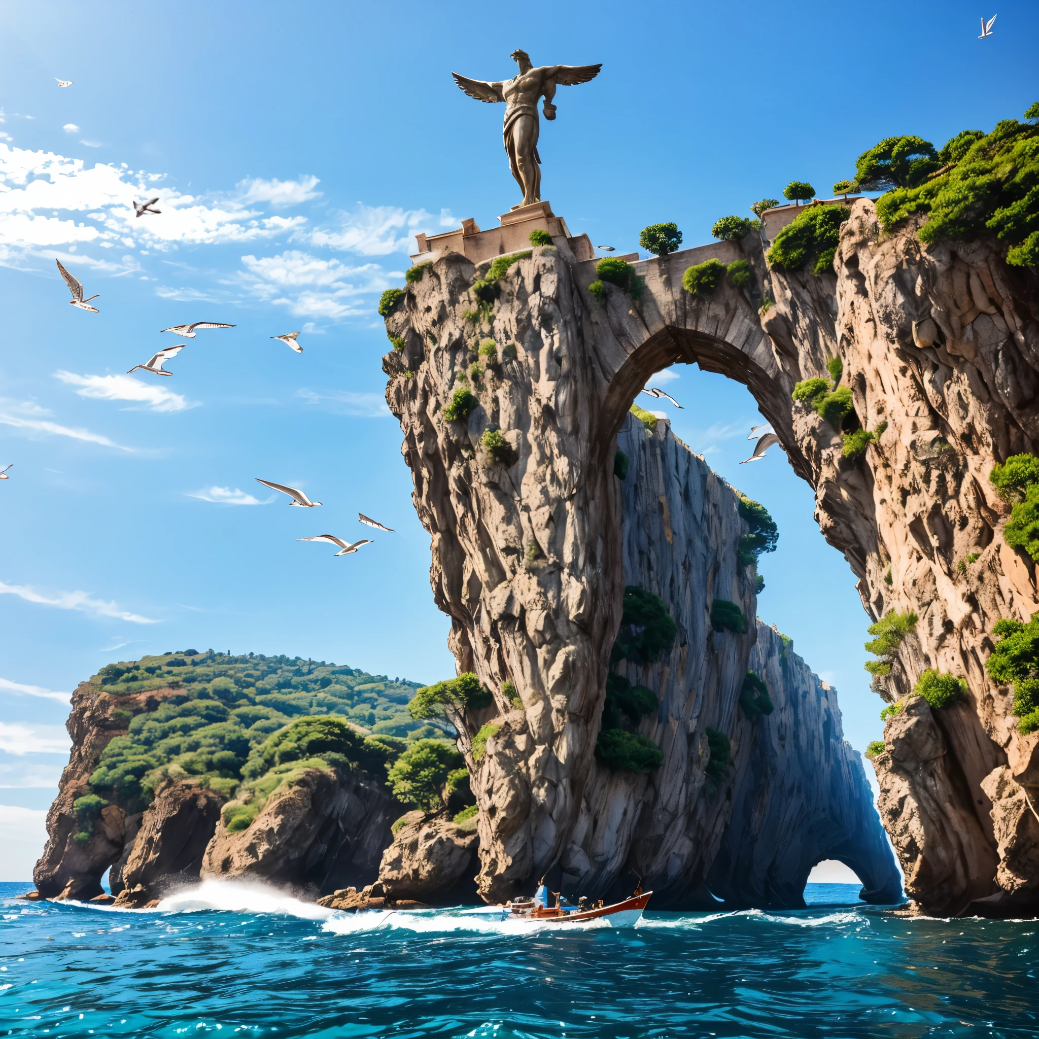 8k image, super realistic, One Big Muscle Colossus of Rhodes All in bronze, looking at camera with legs spread on two rocks and the sea passing between your feet, holding one sword of Conan with his right hand, with gladiator armor on ful body, with head gladiator armor, perfect face, perfect hands, at the entrance to the port of Santos in the country Brazil, with perfect seagulls flying in the background, boats passing between the legs of the Colossus of Rhodes. Sunny day.