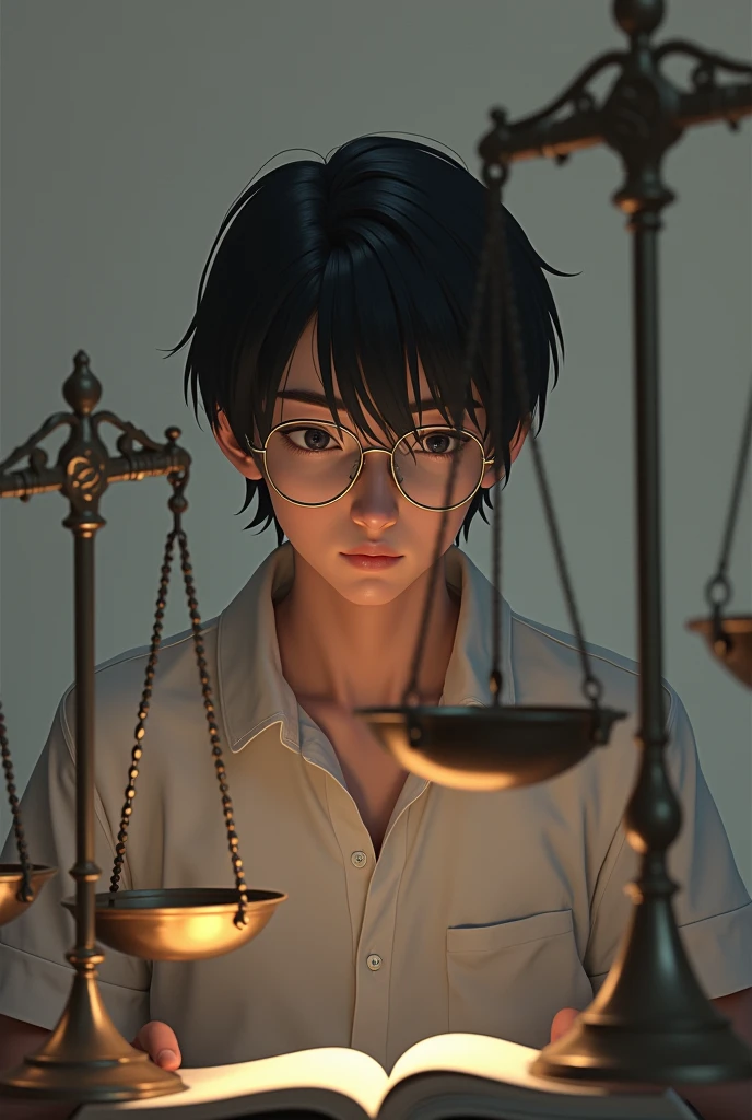 A teen young man with black straight hair, good jawline, court weighing scales, thick gold aviator glasses, a mirror and a book, make him look 16