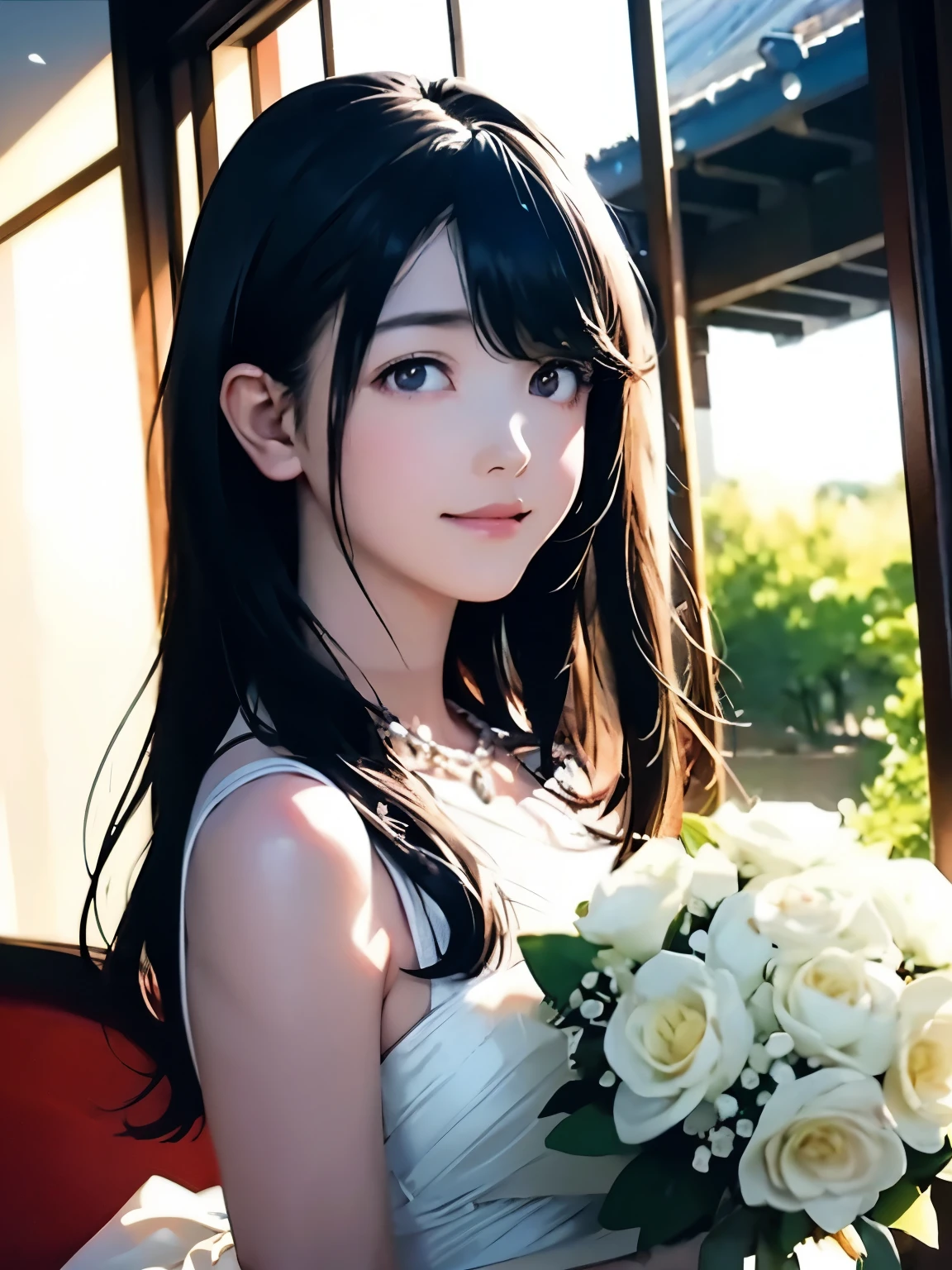 High resolution, 8k, Highest quality, detailed, Semi-realistic anime, Anime 3D Style, Smooth anime CG, One Girl, 20 year old Japanese woman, slim, Modeled, Shiny Hair, detailedな顔, Beautiful and detailed, Glowing Skin, Hard Focus、Film Grain, Soft lighting, Looking at the audience, Laughter,white、Ocean、Droopy eyes、Brown eyeballs on face、smile、Woman in prom dress、Long Hair Woman、detailedな顔、Clear Face、Mole、bouquet、(bride)