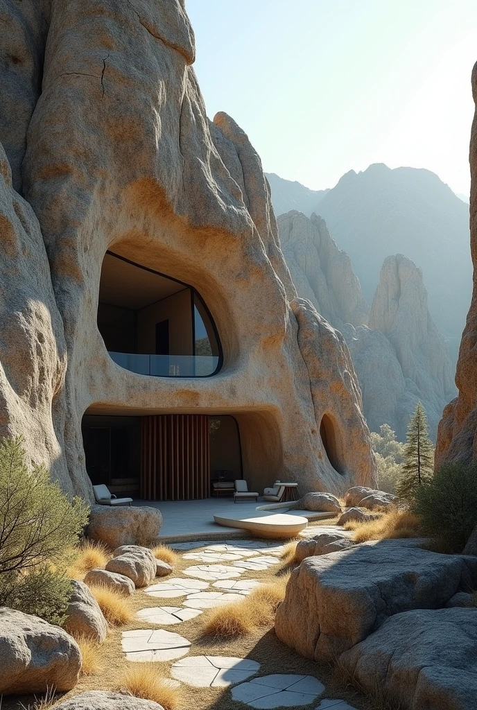 Create realistic cave  house characterized by a sharp rocky forms different of sizes and glass in a style of modern different shapes used in the house in the middle of nowhere