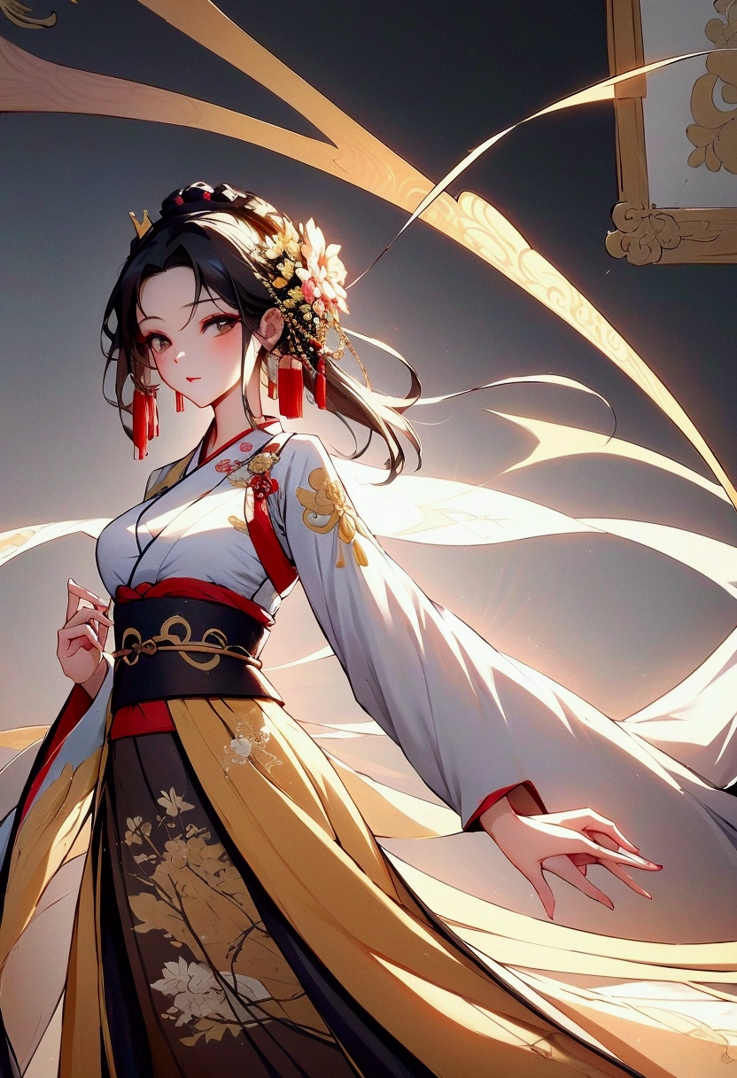 painting of a woman wearing beautiful song dynasty hanfu dress, she looks at the watcher