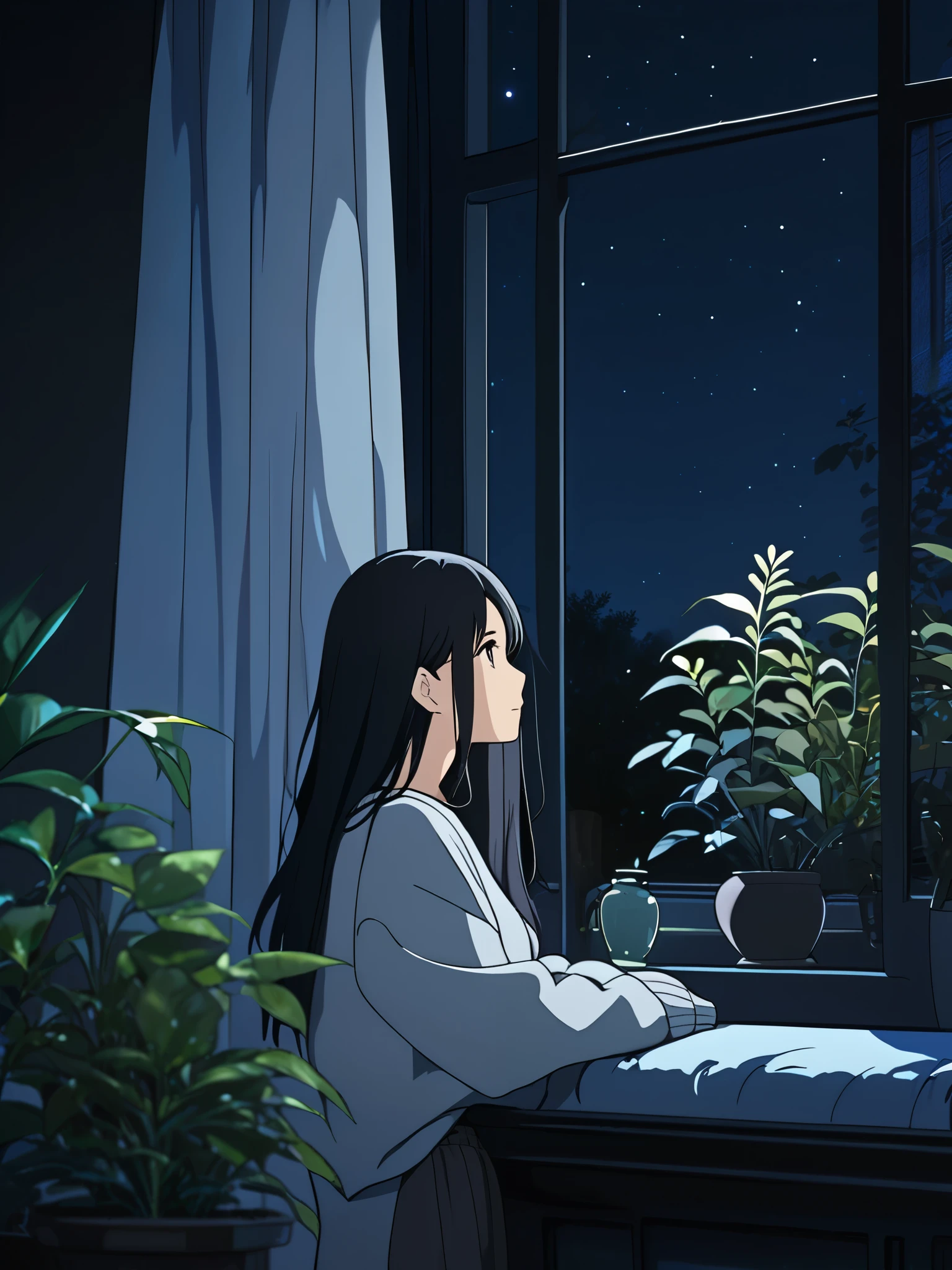 1girl, lean on side window, black straight hair, grey sweater, plant vase on side, curtain open, looking up the night sky, stars at night, relaxing, low light, mesmerizing, high quality, uhd, 8K