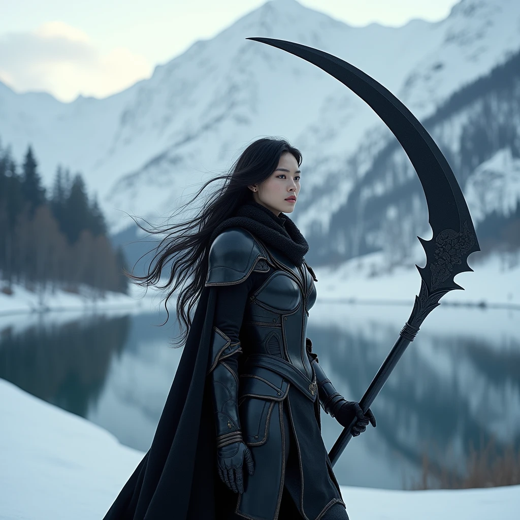 A pale beautiful young woman in her late 20s large breast, slender and stunning body, raven hair, messy hair, Deep black eyes, Clad in full plated black armour, holding a black scythe, near a serene lake on a snowy mountain Masterpiece, Anatomically Correct, Best Quality, Accurate, High Resolution, High Details, UHD, 