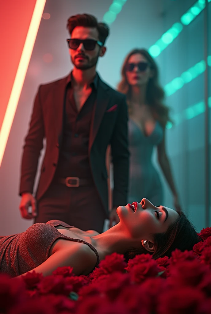 produces 4K ultra HD realistic photos
You can see a handsome man wearing dark glasses, neatly elegant clothes walking, distorted by flashes of colorful light from behind and a beautiful woman strewn with red roses, the impressive combination of digital light creates a sophisticated and charming work. complexity of detail. high quality photography