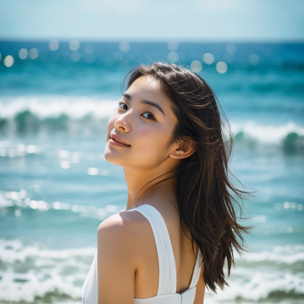 A hyper-realistic image of a single Japanese woman in her early 20s, captured with the nostalgic warmth and subtle graininess of a film camera, with the focus on her upper body from the shoulders up against a serene seaside backdrop. Her skin has a warm beige tone with a natural, slightly rough texture that includes visible pores, fine lines, and subtle imperfections such as small blemishes, adding to the authenticity of her appearance. The soft, diffused natural light reflects off the ocean waves, casting gentle, warm shadows across her face and shoulders, enhancing the film-like quality and creating a timeless, organic feel. Her straight, glossy black hair is slightly tousled by the ocean breeze, naturally framing her face, and her deep brown eyes reflect the soft light of the seaside, adding depth and emotion. The background subtly captures the peaceful ocean scenery with a glimpse of rolling waves and a faint horizon, blurred to maintain focus on her expression. The film camera effect introduces a slight grain and a softer focus, giving the image a warm, nostalgic atmosphere while maintaining the realistic texture of her skin. She is wearing a light, airy top that complements her natural beauty and the beach setting, with the overall composition designed to evoke a sense of genuine, understated elegance and connection with nature.