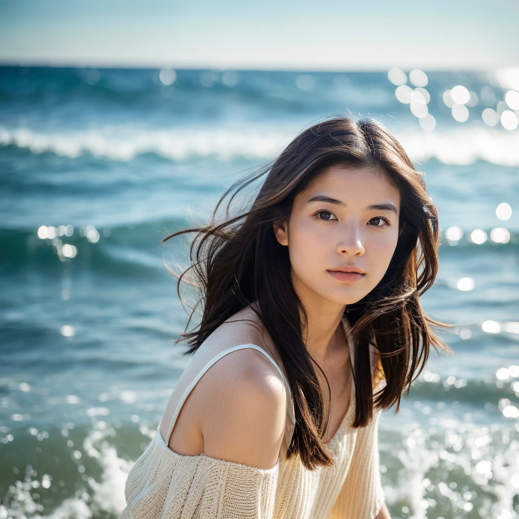 A hyper-realistic image of a single Japanese woman in her early 20s, captured with the nostalgic warmth and subtle graininess of a film camera, with the focus on her upper body from the shoulders up against a serene seaside backdrop. Her skin has a warm beige tone with a natural, slightly rough texture that includes visible pores, fine lines, and subtle imperfections such as small blemishes, adding to the authenticity of her appearance. The soft, diffused natural light reflects off the ocean waves, casting gentle, warm shadows across her face and shoulders, enhancing the film-like quality and creating a timeless, organic feel. Her straight, glossy black hair is slightly tousled by the ocean breeze, naturally framing her face, and her deep brown eyes reflect the soft light of the seaside, adding depth and emotion. The background subtly captures the peaceful ocean scenery with a glimpse of rolling waves and a faint horizon, blurred to maintain focus on her expression. The film camera effect introduces a slight grain and a softer focus, giving the image a warm, nostalgic atmosphere while maintaining the realistic texture of her skin. She is wearing a light, airy top that complements her natural beauty and the beach setting, with the overall composition designed to evoke a sense of genuine, understated elegance and connection with nature.