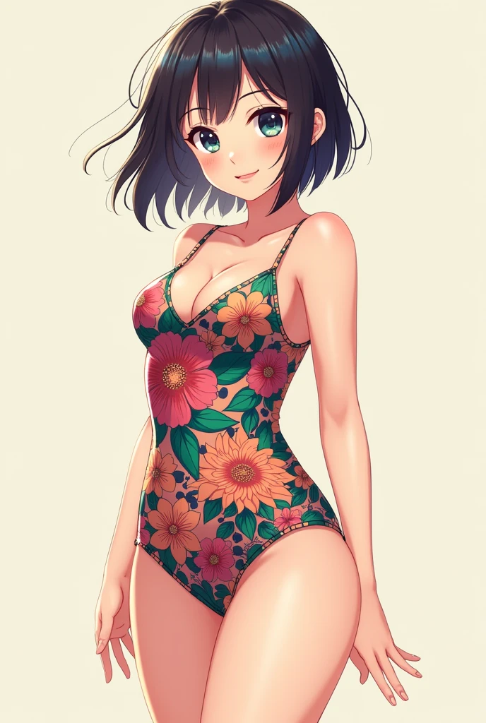 Create a picture of a cute japanese girl long hair have a bang age about 20 years old height around 160 cm. Wearing a swimming sout