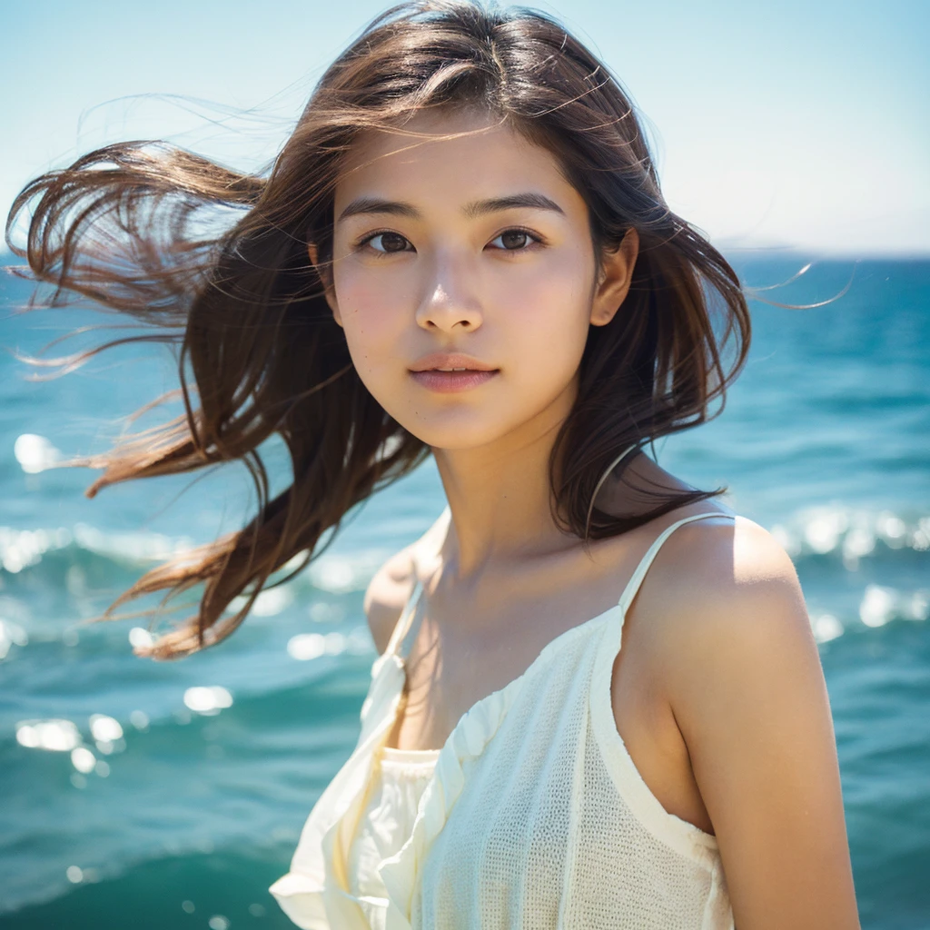 A hyper-realistic image of a single Japanese woman in her early 20s, captured with the nostalgic warmth and subtle graininess of a film camera, with the focus on her upper body from the shoulders up against a serene seaside backdrop. Her skin has a warm beige tone with a natural, slightly rough texture that includes visible pores, fine lines, and subtle imperfections such as small blemishes, adding to the authenticity of her appearance. The soft, diffused natural light reflects off the ocean waves, casting gentle, warm shadows across her face and shoulders, enhancing the film-like quality and creating a timeless, organic feel. Her straight, glossy black hair is slightly tousled by the ocean breeze, naturally framing her face, and her deep brown eyes reflect the soft light of the seaside, adding depth and emotion. The background subtly captures the peaceful ocean scenery with a glimpse of rolling waves and a faint horizon, blurred to maintain focus on her expression. The film camera effect introduces a slight grain and a softer focus, giving the image a warm, nostalgic atmosphere while maintaining the realistic texture of her skin. She is wearing a light, airy top that complements her natural beauty and the beach setting, with the overall composition designed to evoke a sense of genuine, understated elegance and connection with nature.