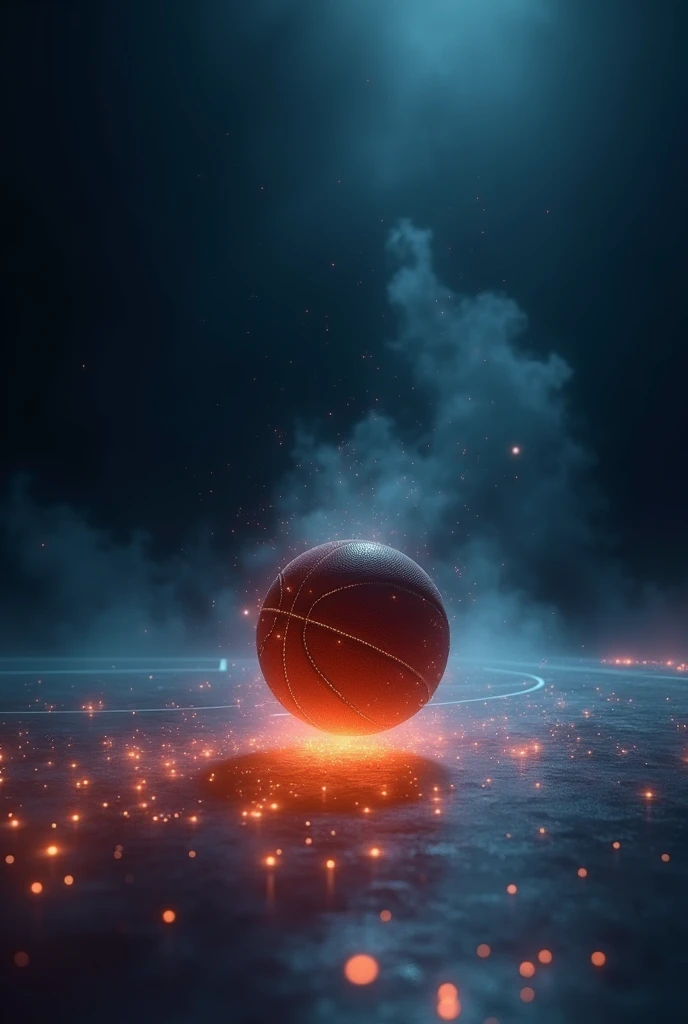 Basketball court with lights, Black background, magic, in stave, with a ball rolling 
