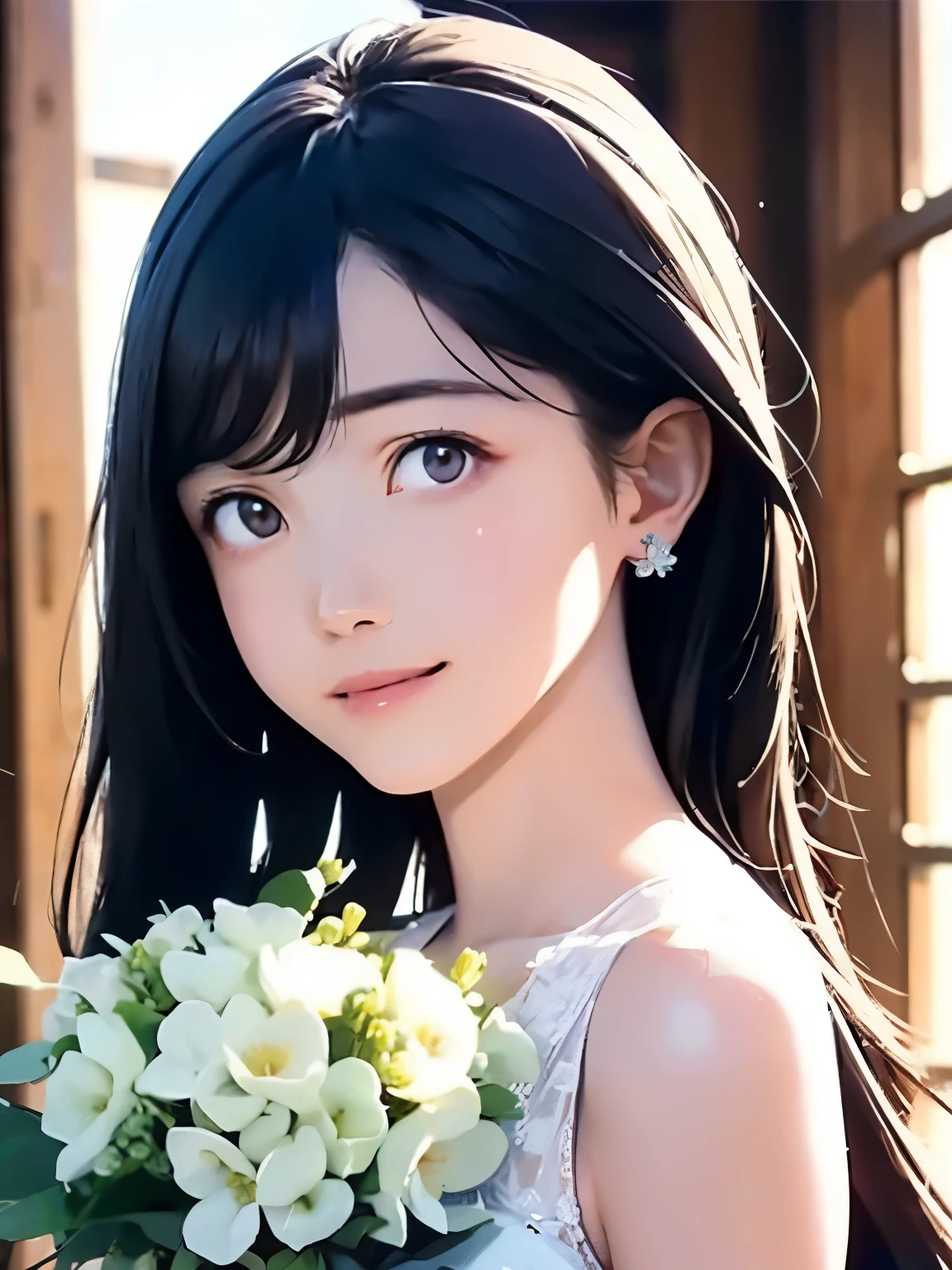 High resolution, 8k, Highest quality, detailed, Semi-realistic anime, Anime 3D Style, Smooth anime CG, One Girl, 20 year old Japanese woman, slim, Modeled, Shiny Hair, detailedな顔, Beautiful and detailed, Glowing Skin, Hard Focus、Film Grain, Soft lighting, Looking at the audience, Laughter,white、Ocean、Droopy eyes、Brown eyeballs on face、smile、Woman in prom dress、Long Hair Woman、detailedな顔、Clear Face、Mole、bouquet、(bride)