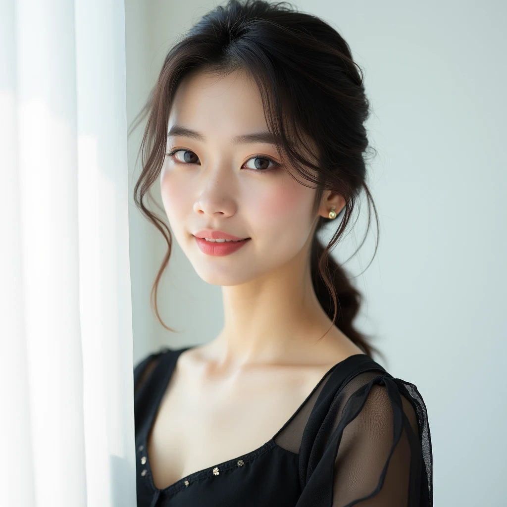 "A young Korean woman in her early to mid-20s is captured against a white background, with the focus on her upper body. Her appearance has a slightly exotic allure, enhanced by elegant makeup that highlights her natural beauty. Her posture and expression exude grace and sophistication, perfectly showcasing her refined elegance."