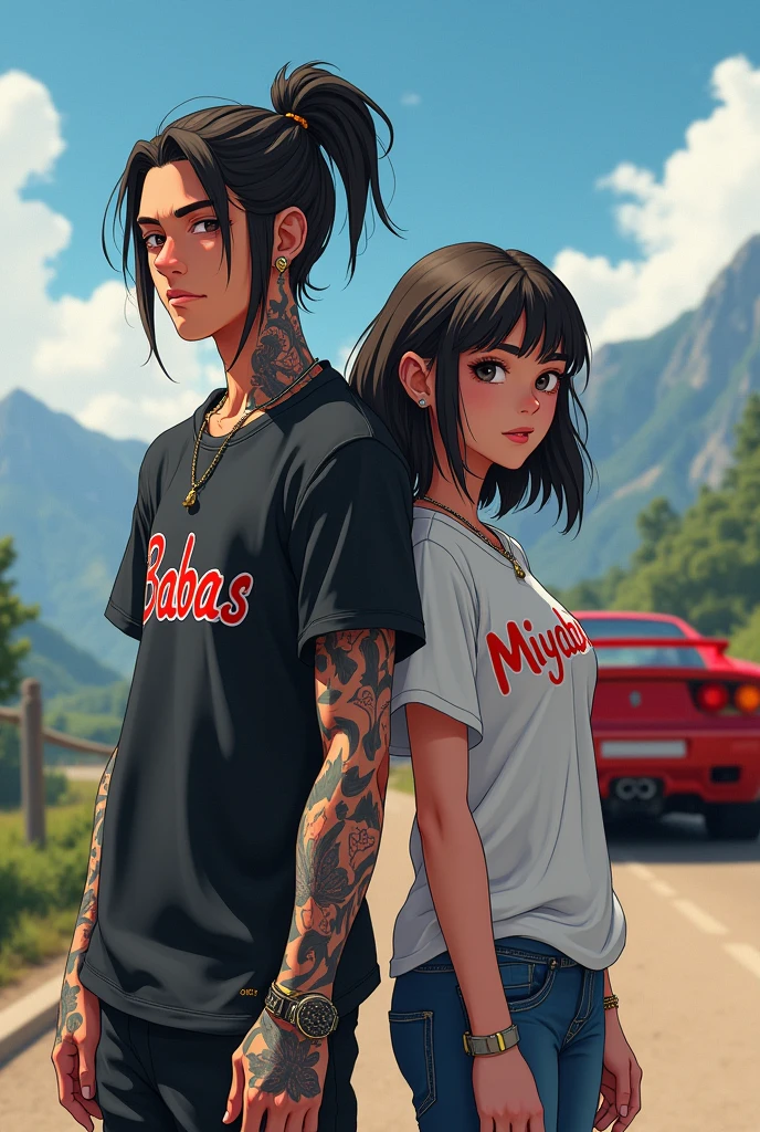 I&#39;ll draw a male character with tattoos and pierced ears.,long hair that is tied up,without a beard,wearing a t-shirt that says babas,and a big-breasted girl wearing a t-shirt with miyabi written on it,and the f40 car behind it is a bit far away,and mountain views