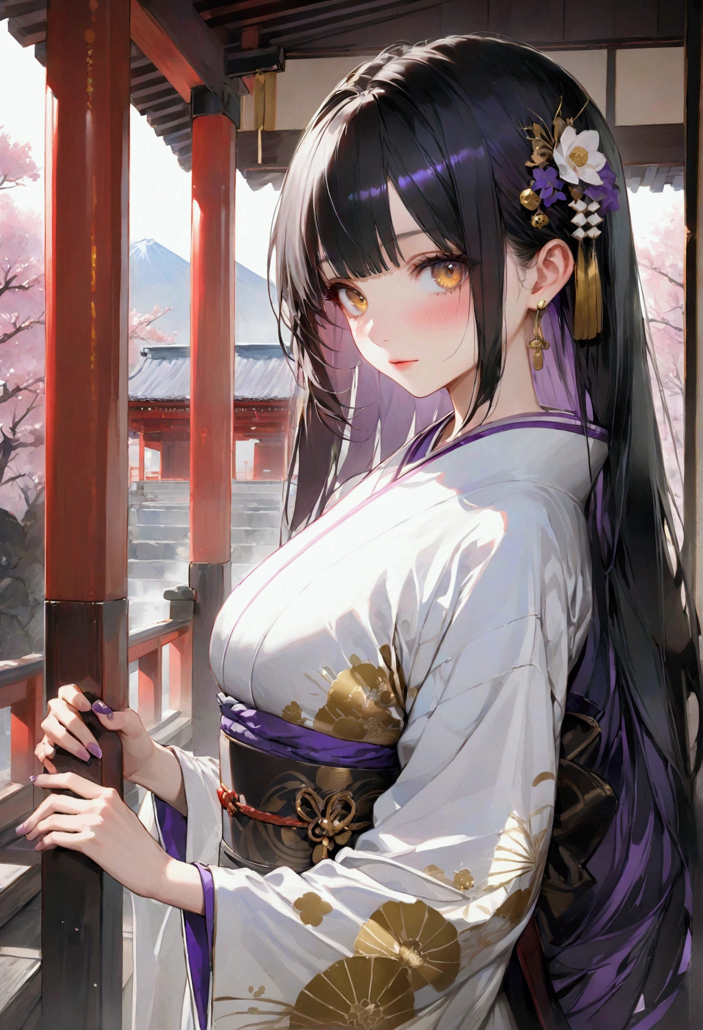 Long smooth straight black hair, inner colored dark-purple hair, golden eyes, japanese casual clothes,masterpiece, super detail, best quality, 8k,semi-realistic