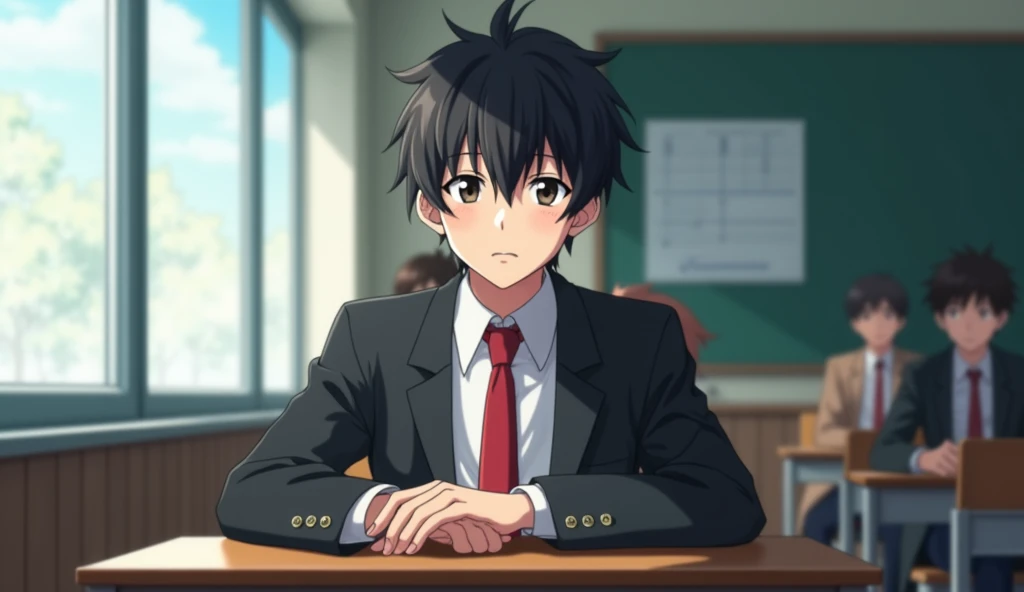 A medium shot anime-style of a male character with natural slightly messy and tousled hair, similar to the main character of the anime 'Hyōka'. He is dressed in a Japan-style school uniform He wears a black blazer as part of his school uniform, with a white t-shirt underneath, and a red tie. He is sitting in a school classroom at a table by the window side. His one hand is on his cheek and His face is expression disinterested. The background is filled with other students. With sleepy eyes , he is 1 , He weighs 50 kilograms
"And he is sitting on a bench like a window, with his classroom on the 3rd floor."
"After that, people are asking him to return the plane."