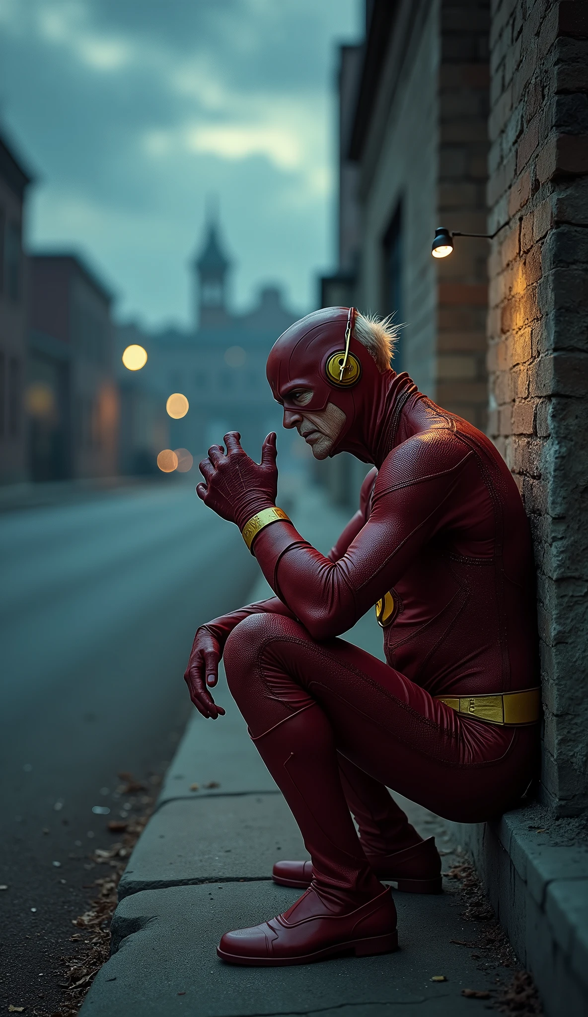 Old Flash or Barry Allen, 8 now slower, tries to run but stumbles. His lightning is dim and flickering. He catches his breath, leaning on a wall. Background: A deserted city street at dusk, the sky filled with ominous clouds. Narration: "The speedster's race against time... is coming to an end."
