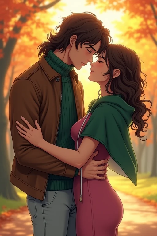 I would like to get an image of an anime-style couple consisting of an adult man with long curly chocolate hair below the shoulders, dressed in a large-knit green sweater with a neckline, brown leather jacket, light jeans, kissing a young incredibly beautiful woman with long curly chocolate hair gathered in a ponytail and in a pink tight dress and a green short cloak that hugs him around the neck. Autumn Park. In full growth. beautiful drawing. a masterpiece.