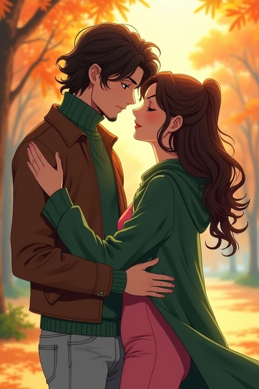 I would like to get an image of an anime-style couple consisting of an adult man with long curly chocolate hair below the shoulders, dressed in a large-knit green sweater with a neckline, brown leather jacket, light jeans, kissing a young incredibly beautiful woman with long curly chocolate hair gathered in a ponytail and in a pink tight dress and a green short cloak that hugs him around the neck. Autumn Park. In full growth. beautiful drawing. a masterpiece.