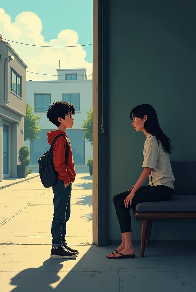 The boy in no warking crowded  and the girl in a stylish but somber apartment, staring out of the window with a pensive expression.