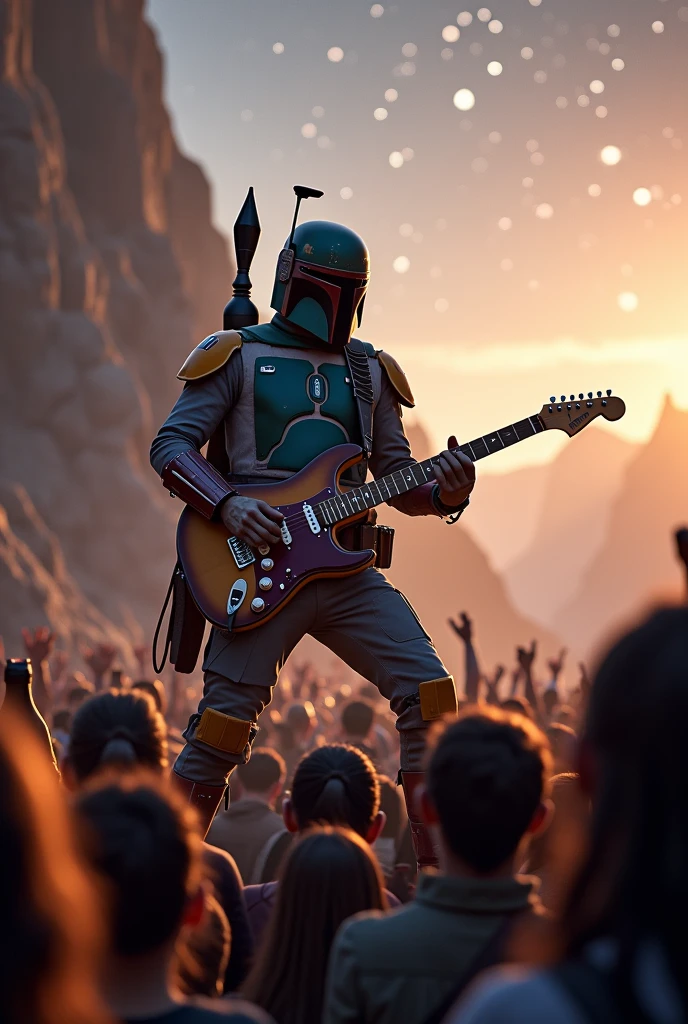 Boba Fett plays guitar at an outdoor concert、Star Wars、movie、Mandaean、