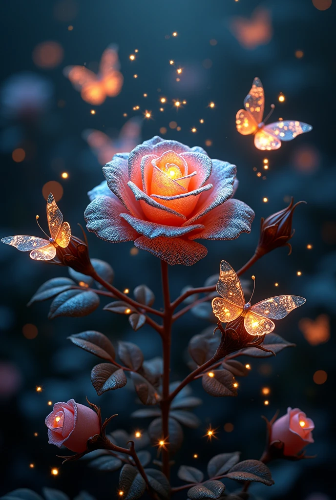 Gros plan sur magnifique rosier avec une dizaine de rose noire en verre lumineuse. Pétales en fibre de verre illuminé. Scintillante. Scintillement. Papillons lumineux. Beaucoup de petites étoiles lumineuse. Arrière plan sombre et flouté. Chef d'oeuvre. Haute qualité. Détails+++. Une centaine de papillons autour. Une centaine d'étoiles autour. Détails multiples et fascinant.